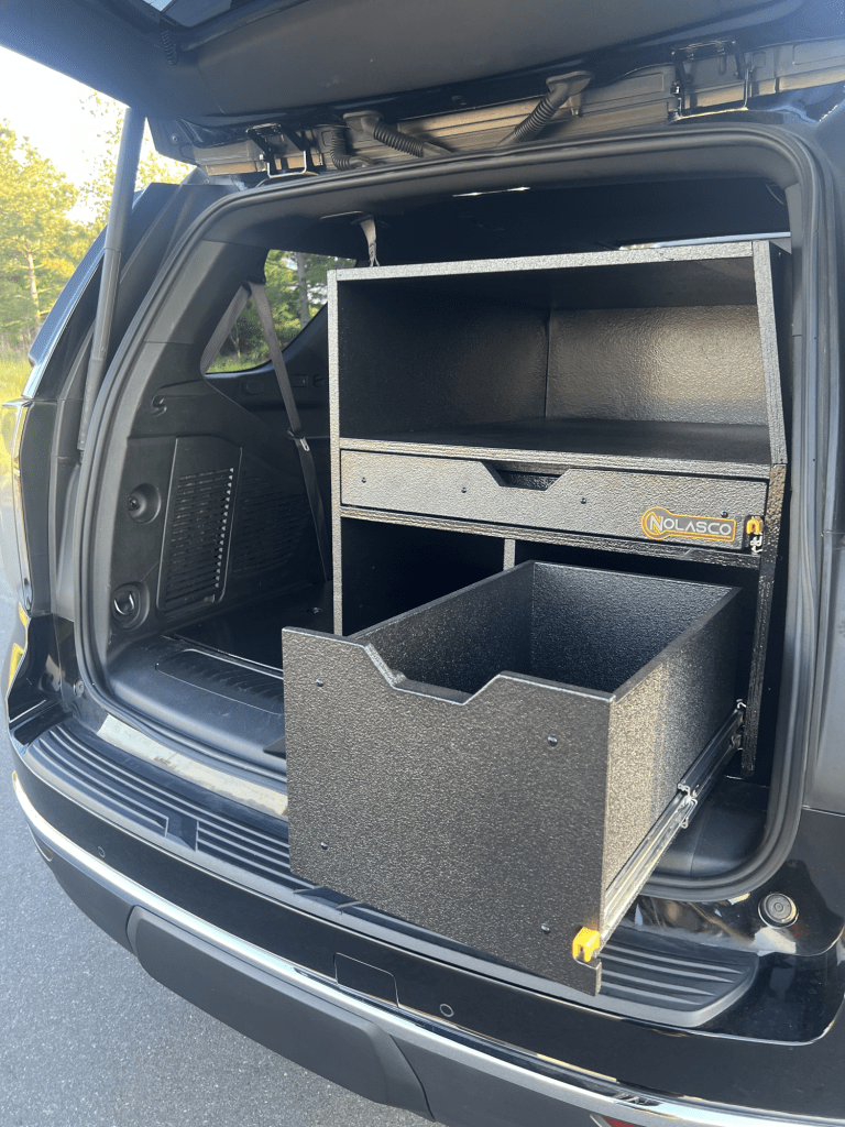 Fire department command storage cabinet or box for Fire Chief SUVs, trucks and vehicles with optional magnetic dry erase command board and drawers for organized turnout and emergency gear