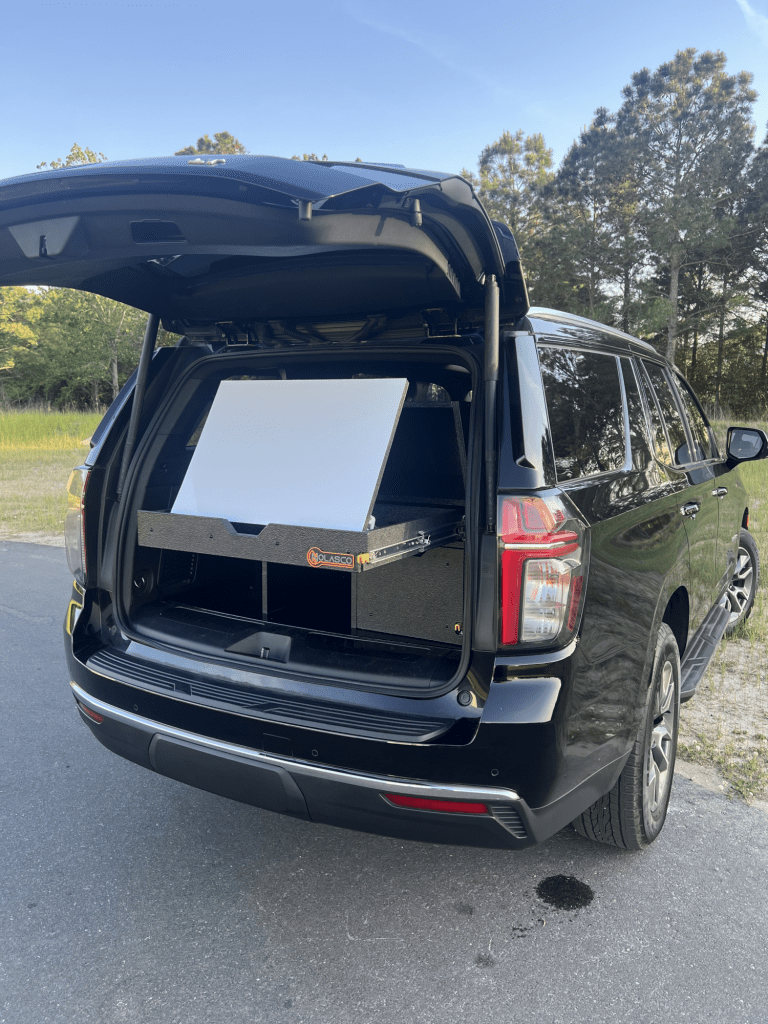Fire department command storage cabinet or box for Fire Chief SUVs, trucks and vehicles with optional magnetic dry erase command board and drawers for organized turnout and emergency gear