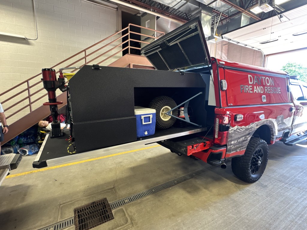 Custom Slideout Pickup Truck Command Cabinet with SCBA and stokes basket storage