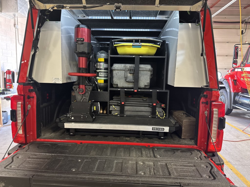 Custom Slideout Pickup Truck Command Cabinet with SCBA and stokes basket storage